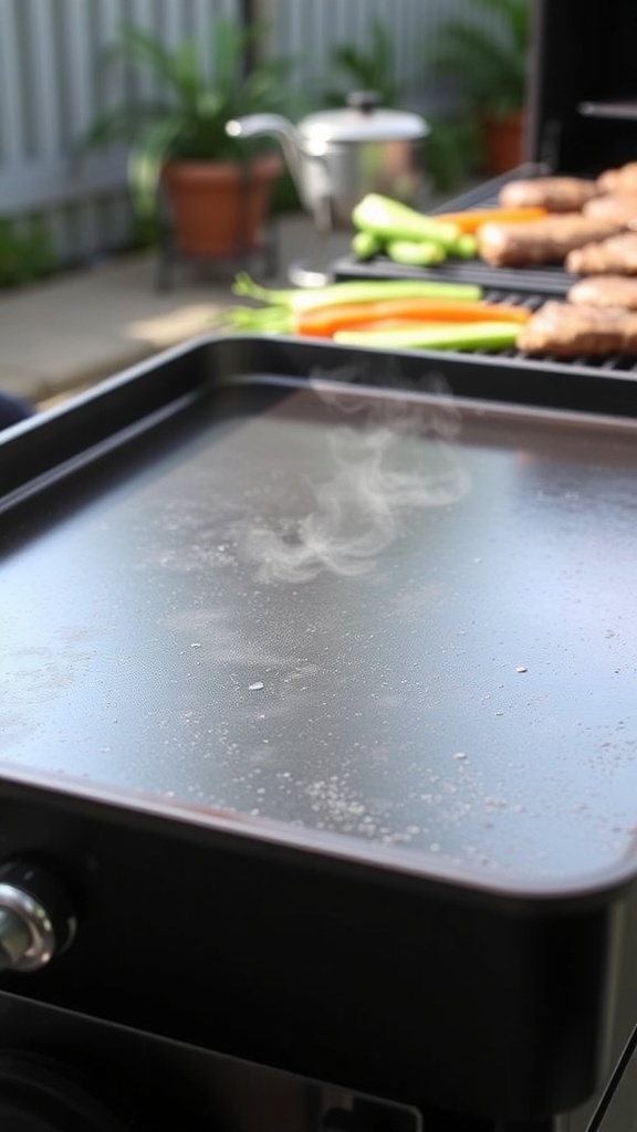 A shiny Blackstone griddle ready for cooking, with smoke rising and fresh ingredients nearby.